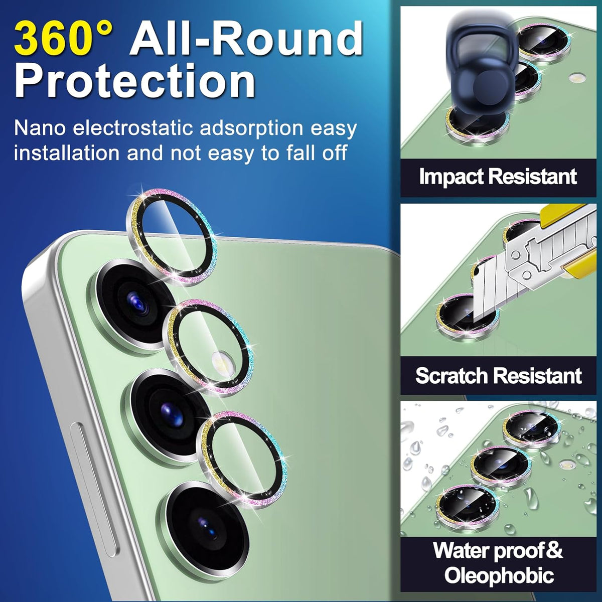 for Samsung Galaxy S24 FE Camera Lens Protector, Individual Metal Ring Tempered Glass Lens Cover, [Strong Adsorption] Scratch Resistant Ultra-Thin HD Clear Lens Cover, 1 Set-Colorful Sparkly