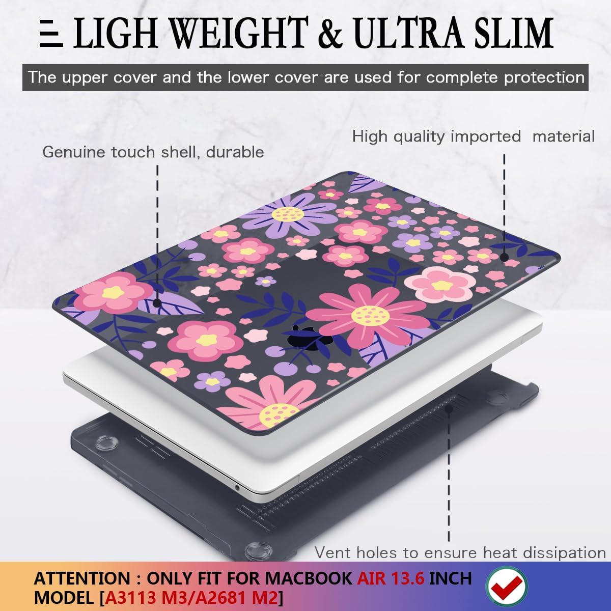 CISSOOK for MacBook Air 13 inch M4 M3 M2 Case 2025 2024 2023 2022, Hard Shell Case Keyboard Skin Screen Protector for MacBook Air 13.6 A3240 A3113 A2681, Stylized Flowers