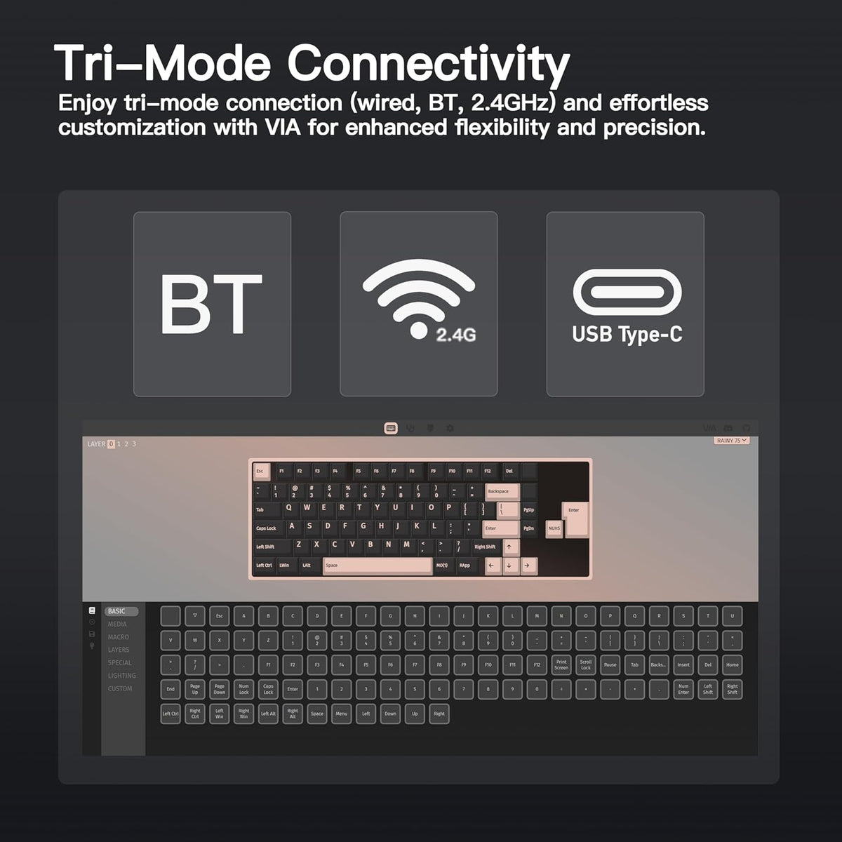 KEEBMONKEY WOBKEY Rainy 75 CNC Aluminum HMX/JWK/Cocoa Switches Triple-Mode Connectivity Mechanical Keyboard with Superior Acoustics, RGB/PP/Gradient Glass/3500mAh/Violet Switch (Standard - Black)