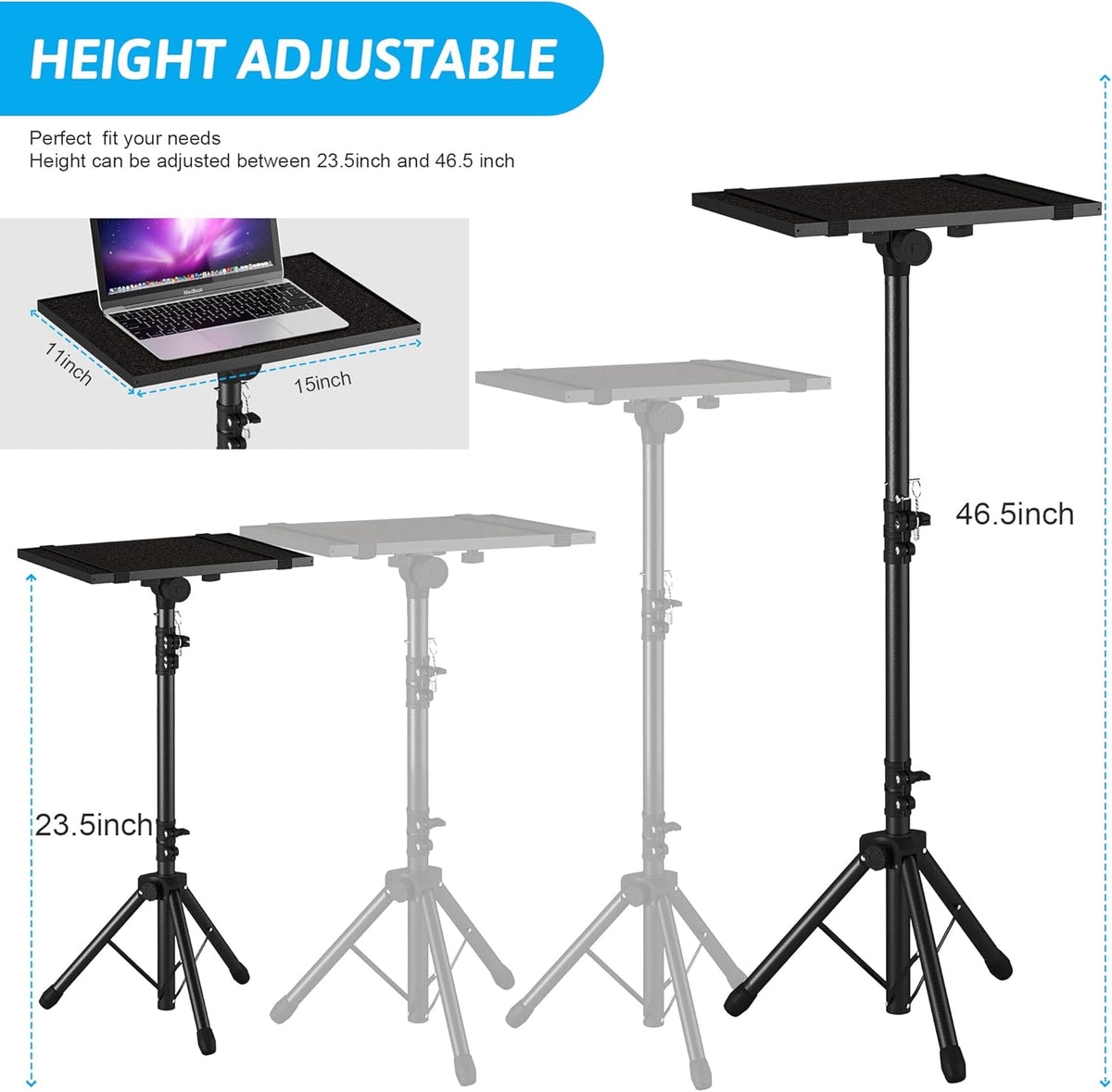 Projector Stand Tripod from 23" to 46", Laptop Tripod Stand Height Adjustable with Gooseneck Phone Holder, Laptop Floor Stand for Office, Home, Stage, Studio, DJ Racks Holder Mount
