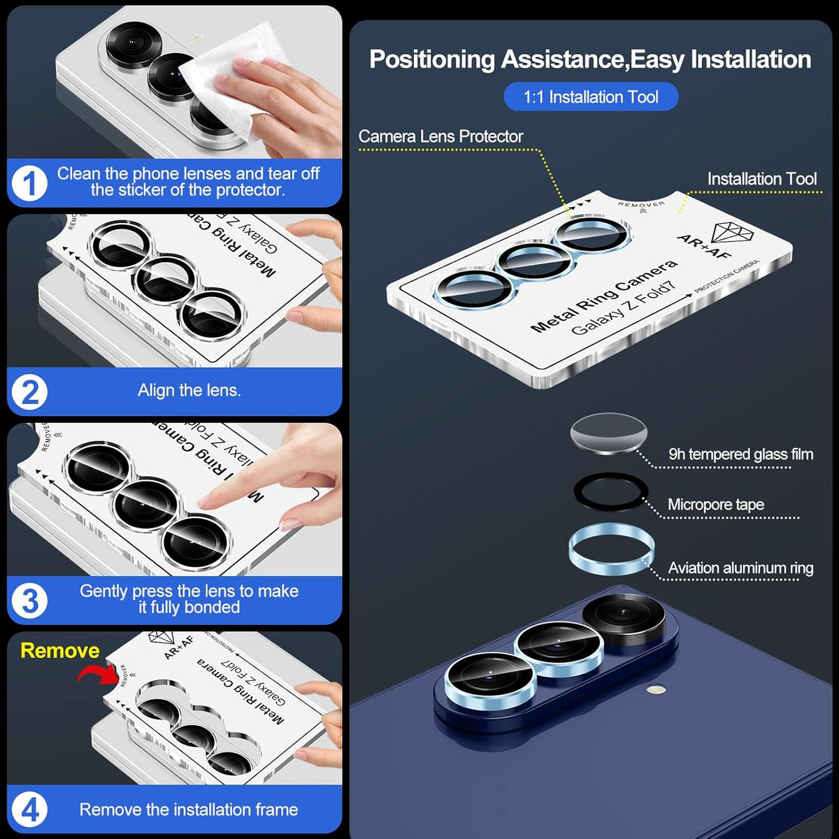 for Samsung Galaxy Z Fold 7 Camera Lens Protector, Individual Metal Ring Tempered Glass Lens Cover, [Strong Adsorption] Scratch Resistant Ultra-Thin HD Clear Lens Cover, 1 Set-Blue Ring