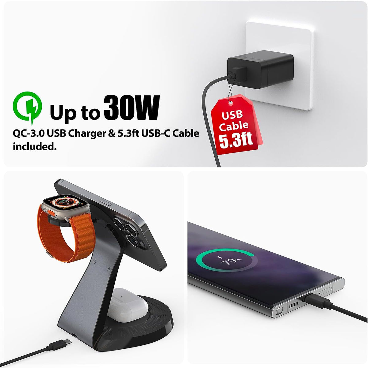 3 in 1 Charging Station for Apple Devices - Faster Mag-Safe Charger Stand for iPhone - Magnetic Wireless Charger Station for iPhone 16/15/14/13 Series,& AirPods,& iWatch - Black