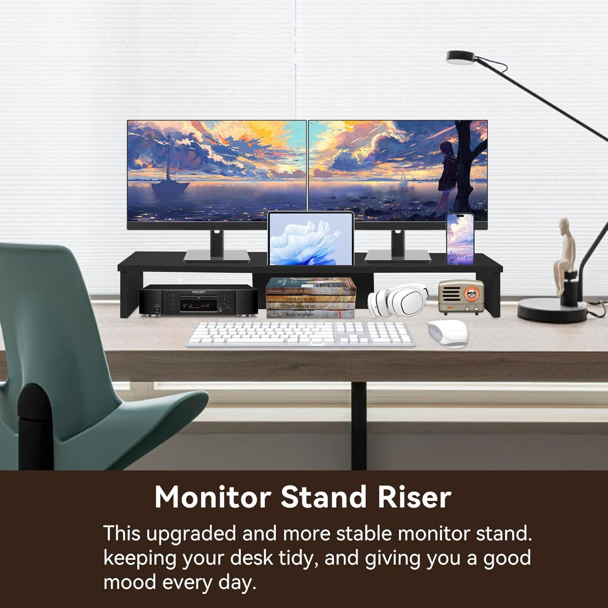 35.8in 2 Dual Monitor Stand Riser with Phone Tablet Holder, Large Monitor Stand for Desk, Computer Monitor Stand