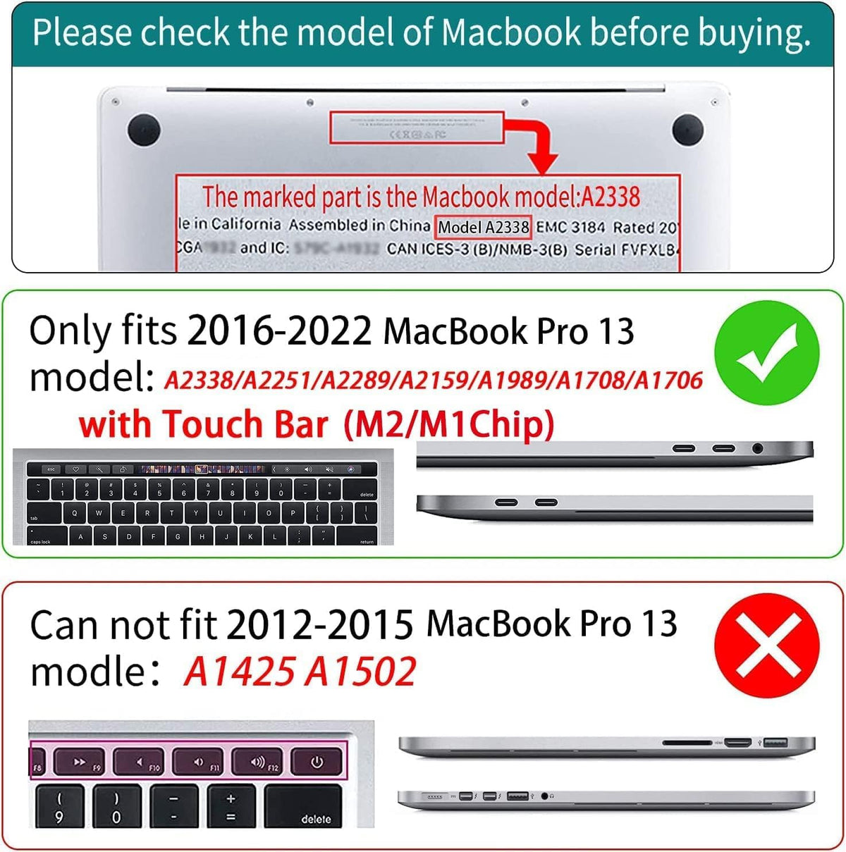 Teryeefi for MacBook Pro 13 inch Case Touch Bar M2 M1 2025 2024 2022 2021 2019 2018 2017 2016 Release fits Model A2338 /A2289/A2251/A2159/A1989/A1706, PC Hard Shell with Keyboard Cover, Gold Bows A003