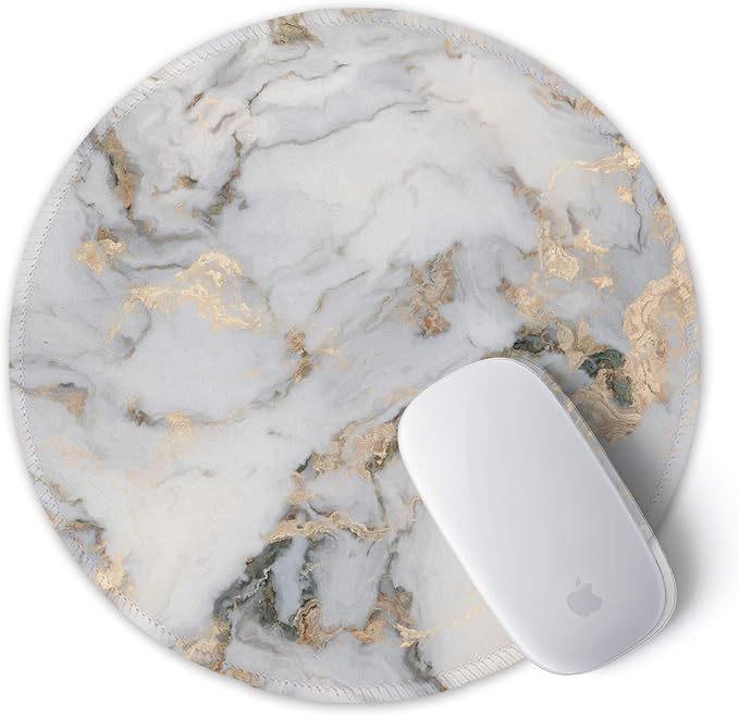 ITNRSIIET Round Mouse Pad with Stitched Edge Premium-Textured Waterproof Non-Slip Rubber Base Desktop Protection Mat Diameter 8.7 inches, Gray Marbling Gold