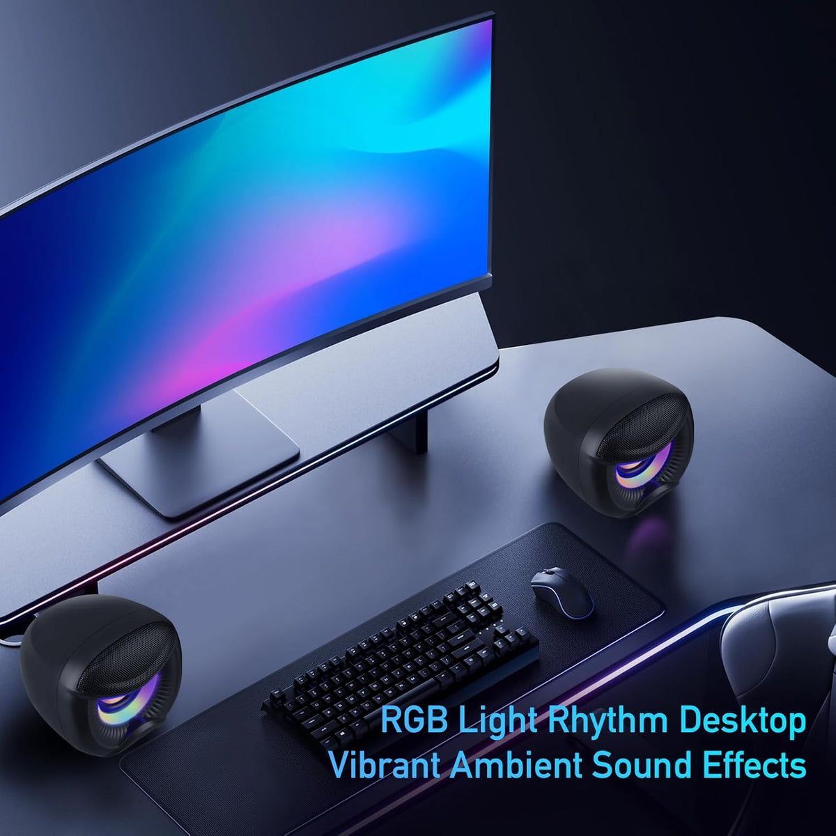 USB Powered Computer Speakers with RGB Colorful Lighting 2.0 Stereo Sound System, Headphone Jack, Plug and Play, Works with PC/Laptop (USB-C Adapter Included)