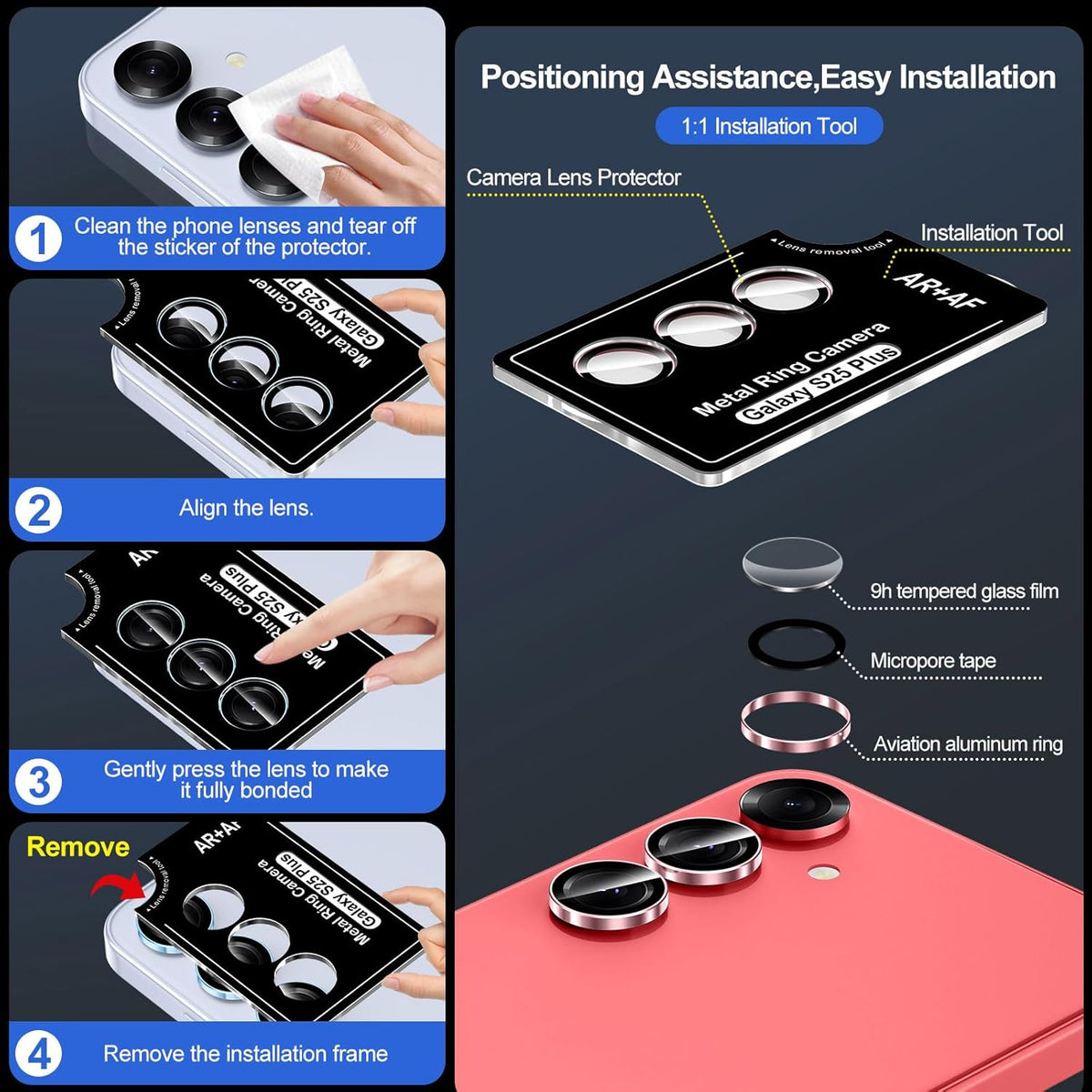 for Samsung Galaxy S25 Plus Camera Lens Protector, Individual Metal Ring Tempered Glass Lens Cover, [Strong Adsorption] Scratch Resistant Ultra-Thin HD Clear Lens Cover, 1 Set-Pink Ring