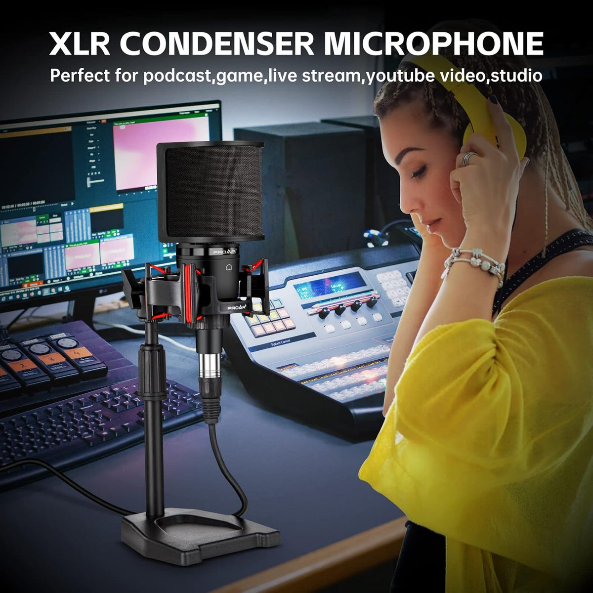 XLR Podcast Microphone Professional Cardioid Condenser Microphone for PC Computer Studio XLR Mic Kit for Recording/Podcasting/Streaming/Voice Over/ASMR/Home Studio/YouTube with Desktop Stand