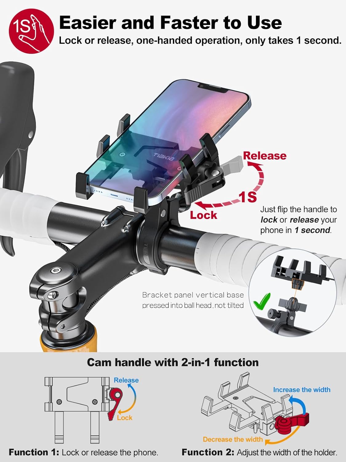 Tiakia Bike Phone Mount Holder, Aluminum Motorcycle Phone Mount, Handlebar Mounted Cell Phone Holder for Bike, 360° Rotation, Universal Bicycle Phone Mount for 4.5-7 Inch Phones