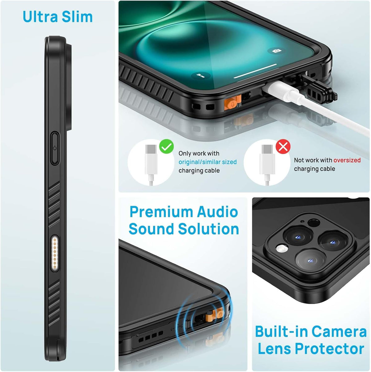 Lanhiem for iPhone 16 Pro Case, IP68 Waterproof Dustproof Shockproof 16 Pro Cases with Built-in Screen Protector, Protective Heavy Duty Rugged Phone Cover for iPhone 16 Pro - 6.3 inch (Black/Clear)