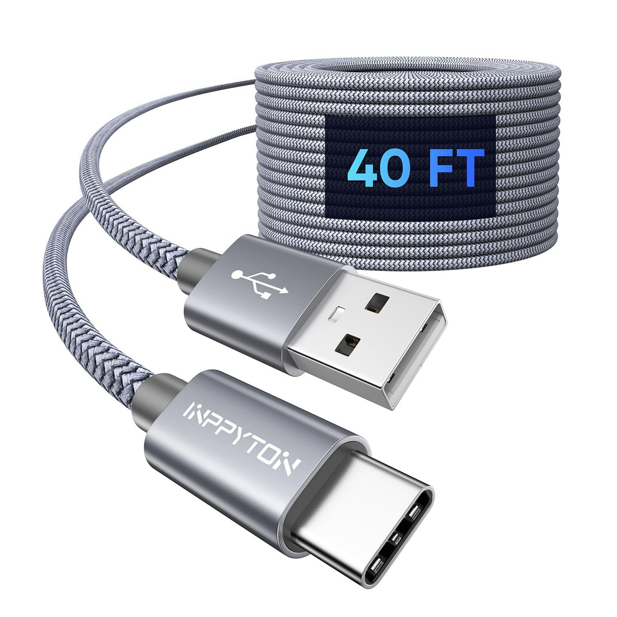 INPPYTON 40ft 2.0 PS5, Extra Long USB-C to USB-A Cable - Durable Double Nylon Braided Charging Cable for Phone, Tablet