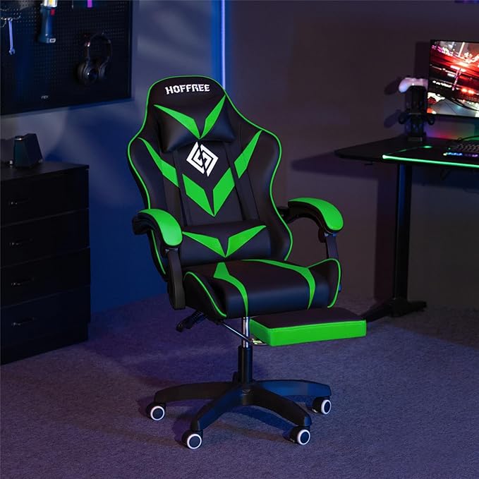 HOFFREE Massage Gaming Chair for Kids Computer Gamer Chair with Footrest and Lumbar Support Reclining PC Game Chair with Headrest for Gaming Room Green and Black