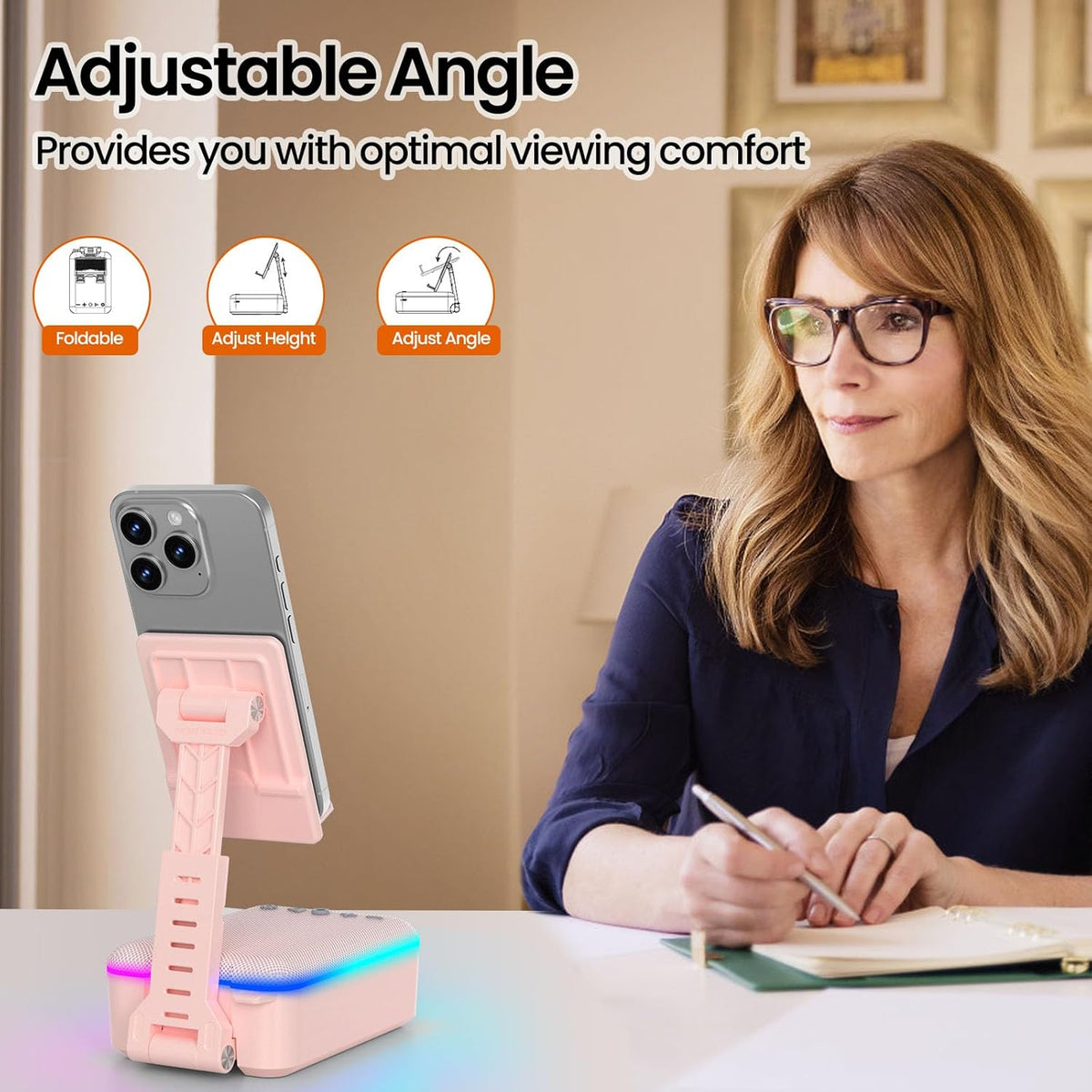 JTEMAN Gifts for Men Women,Cell Phone Stand with Bluetooth Speaker and LED Light,Cool Tech Gadgets,Unique Birthday Gifts for Men Husband Mom Dad-Pink