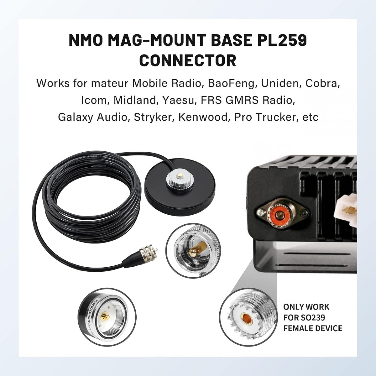 Anina 16.4 RG58 PL-259 NMO Antenna Magnetic Base Mount FT Coaxial Cable Plug with NMO Antenna Mounting Cap for CB Ham