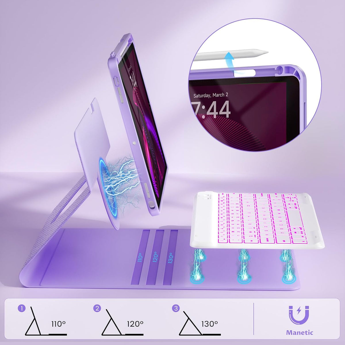 OYEEICE Keyboard Case for iPad 9th Generation - Detachable Wireless Backlit Keyboard, Magnetic Cover with Pencil Holder for iPad 9th/8th/7th Gen 10.2 inch, iPad Pro 10.5" & iPad Air 3rd - Purple