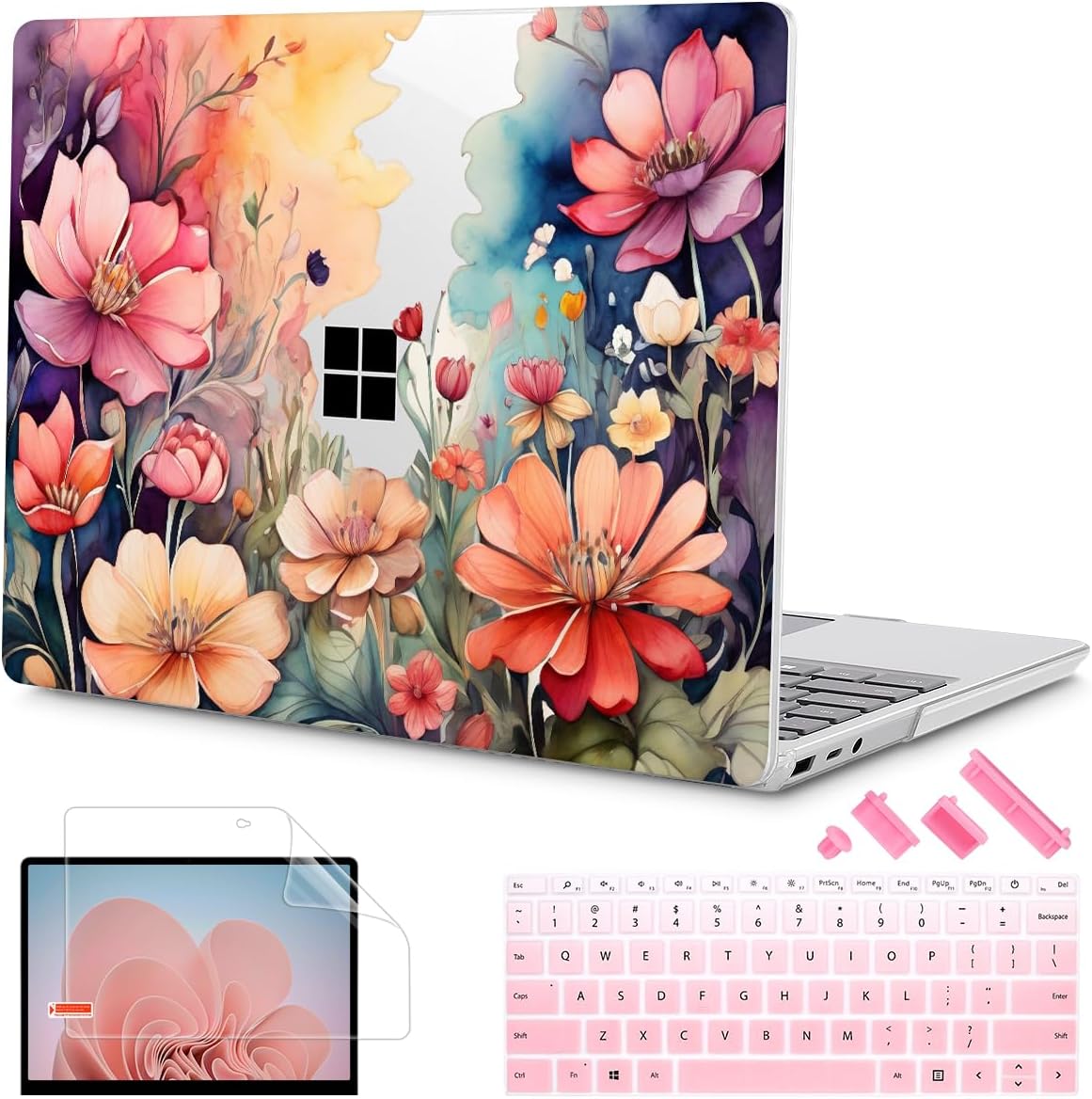 Tuiklol Case for 15 Inch Microsoft Surface Laptop 5/4/3 2022-2020, Model 1979/1953/1872/1873 Hard Shell Cover, Keyboard Cover+Screen Protector+Dust Plugs,Ilustration Flowers