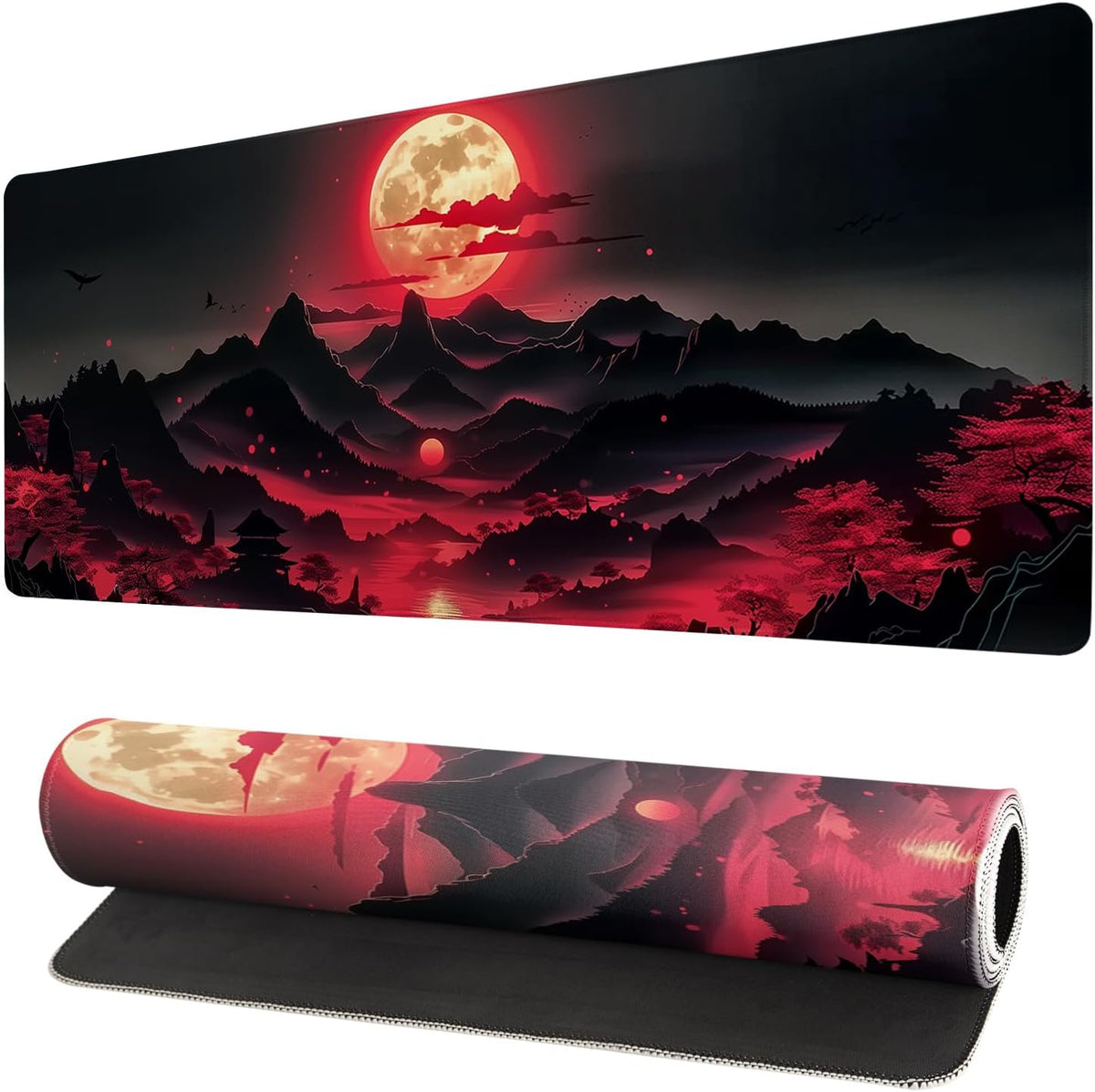 Extended Gaming Mouse Pad, Large Desk Mat XL Anime Mouse Pad Waterproof with Stitched Edges, Non-Slip Desktop Pad for Home and Office, Level Up Your 31.5x11.8 Inch (Darkness Red Moon3)