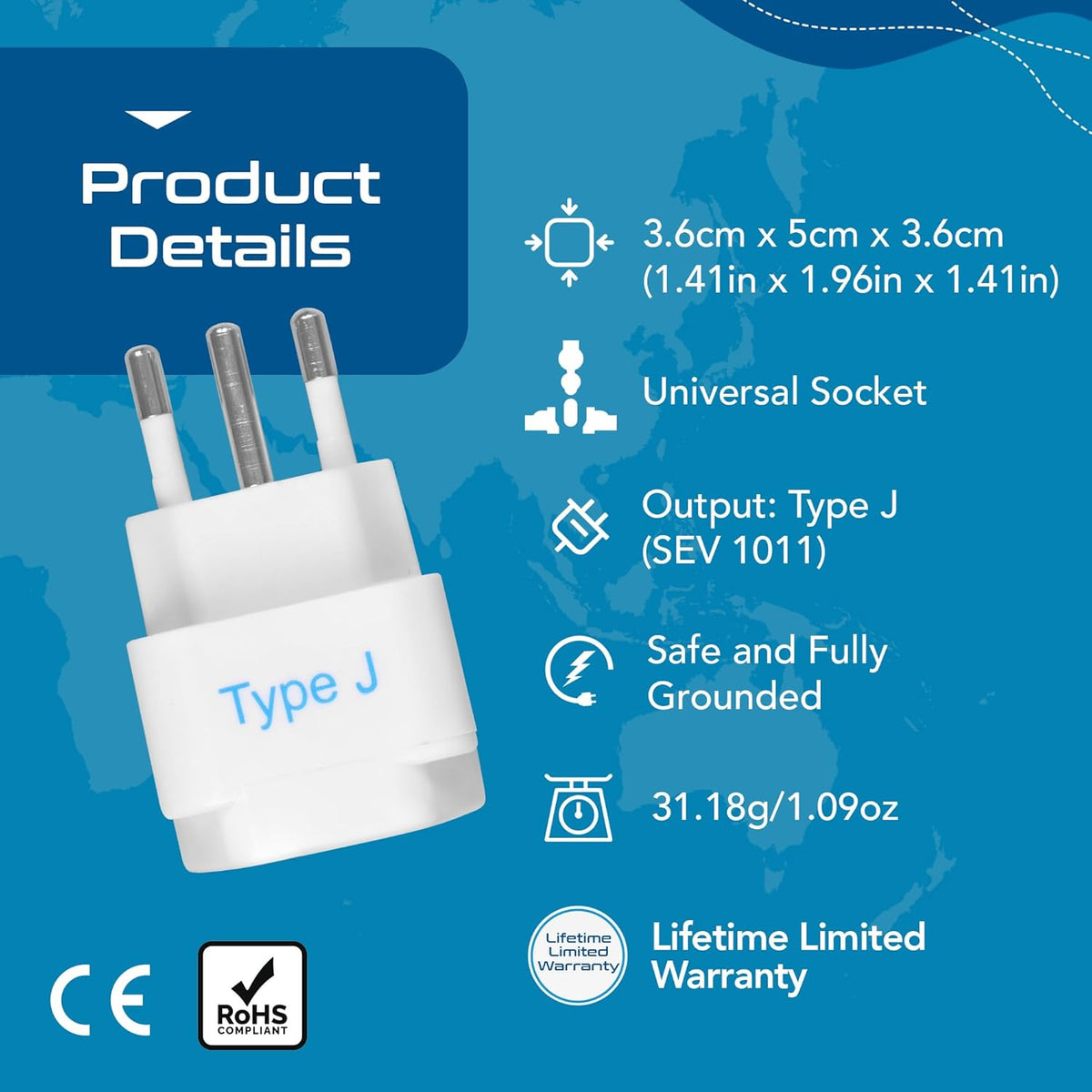 Ceptics Switzerland Travel Plug Adapter (Type J) - 3 Pack [Grounded & Universal] (GP-11A-3PK)