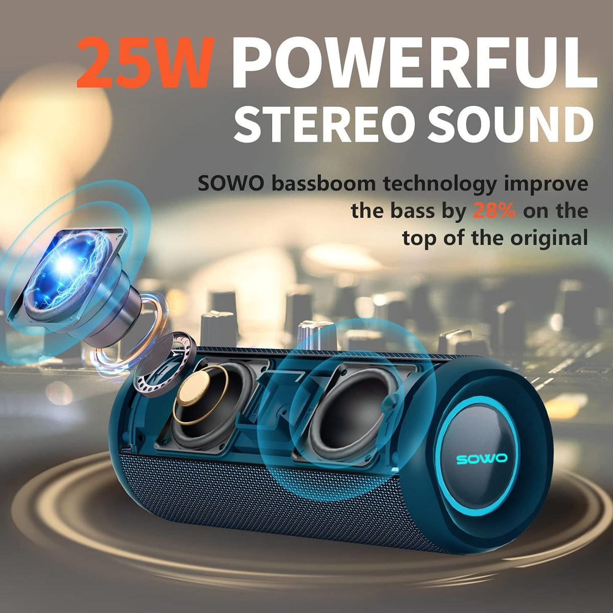 SOWO Portable Bluetooth Speaker, IPX7 Waterproof Wireless Bluetooth Speaker, Bassboom Technology, 25W Loud Stereo Sound, LED Light with TWS Pairing, 16H Playtime for Home and Outdoor -Blue