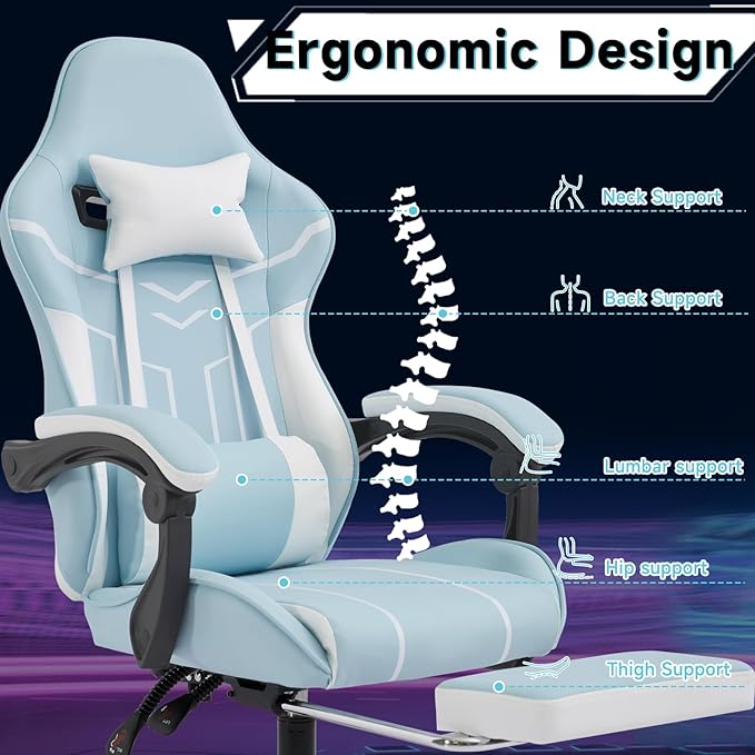 Blue 360° Swivel Gaming Chair Ergonomic Heavy Duty 330lbs Office Chair with Footrest and Massage Lumbar Support Height Adjustable High Back Reclining Gamer Chair with Headrest (Blue)