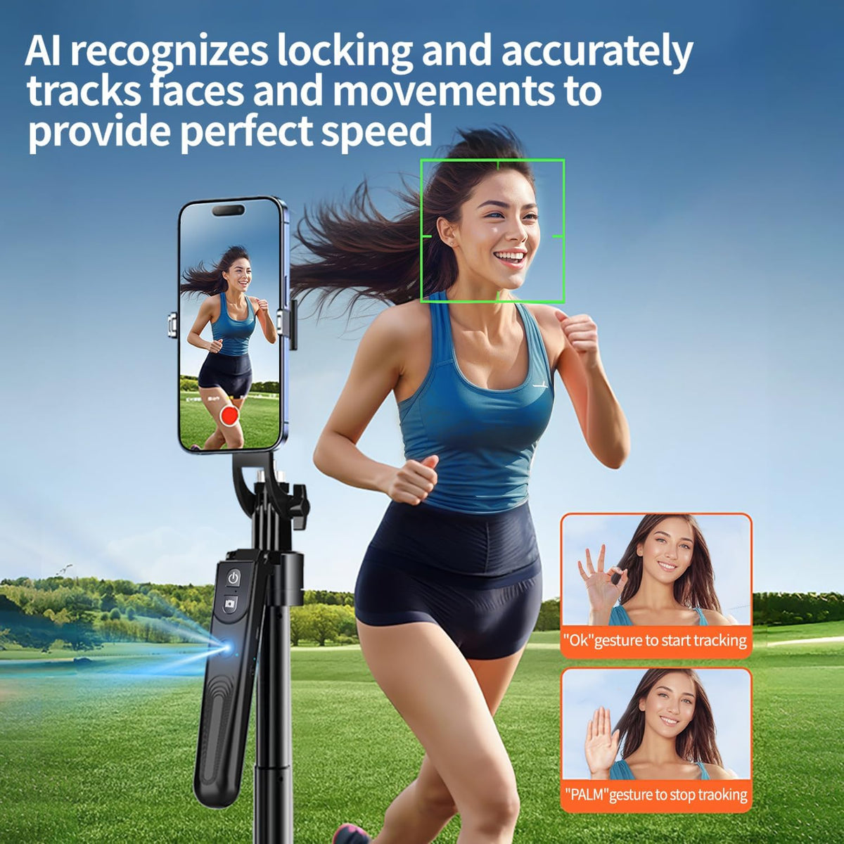 Auto Face Tracking Tripod with 360 Rotation Stand, 70.9" Ai Motion Tracking, Selfie Stick Rotation with Remote, Motion Sensor Phone Stand, for Vlog/Live Stream/Video Recording
