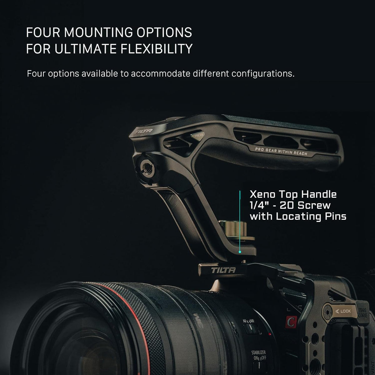 Tilta Xeno Top Handle for Filmmakers & Cameras- Black | Aluminum Alloy and Silicone Build | 1/4″-20 Threads w/Locating Points | Safety Release Pin | Comfortable Handling (1/4"-20 w/Locating Pins)