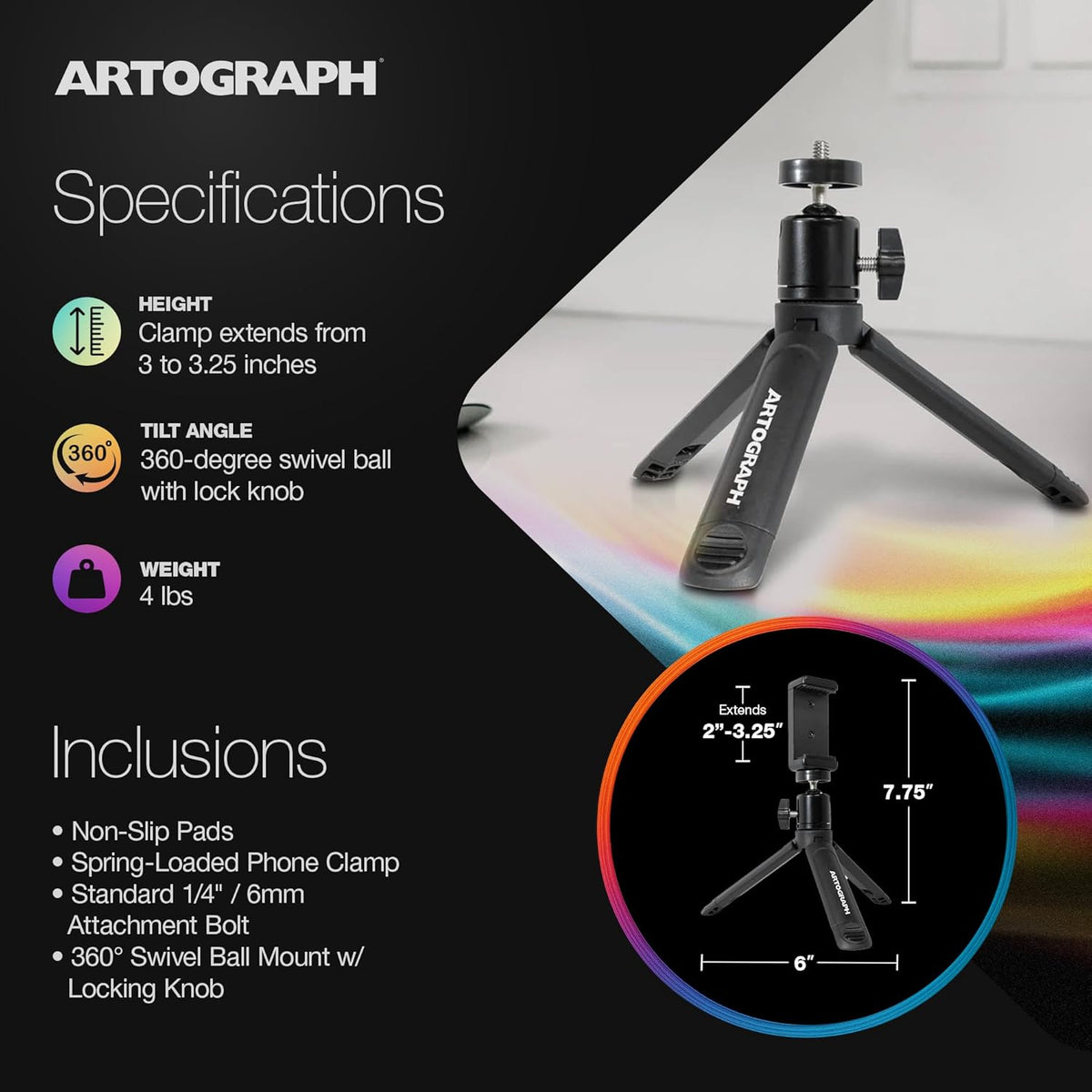 Artograph Mini Tripod Tabletop & Handheld Stand for Digital Projectors & Phones, Lightweight, Portable and Convenient