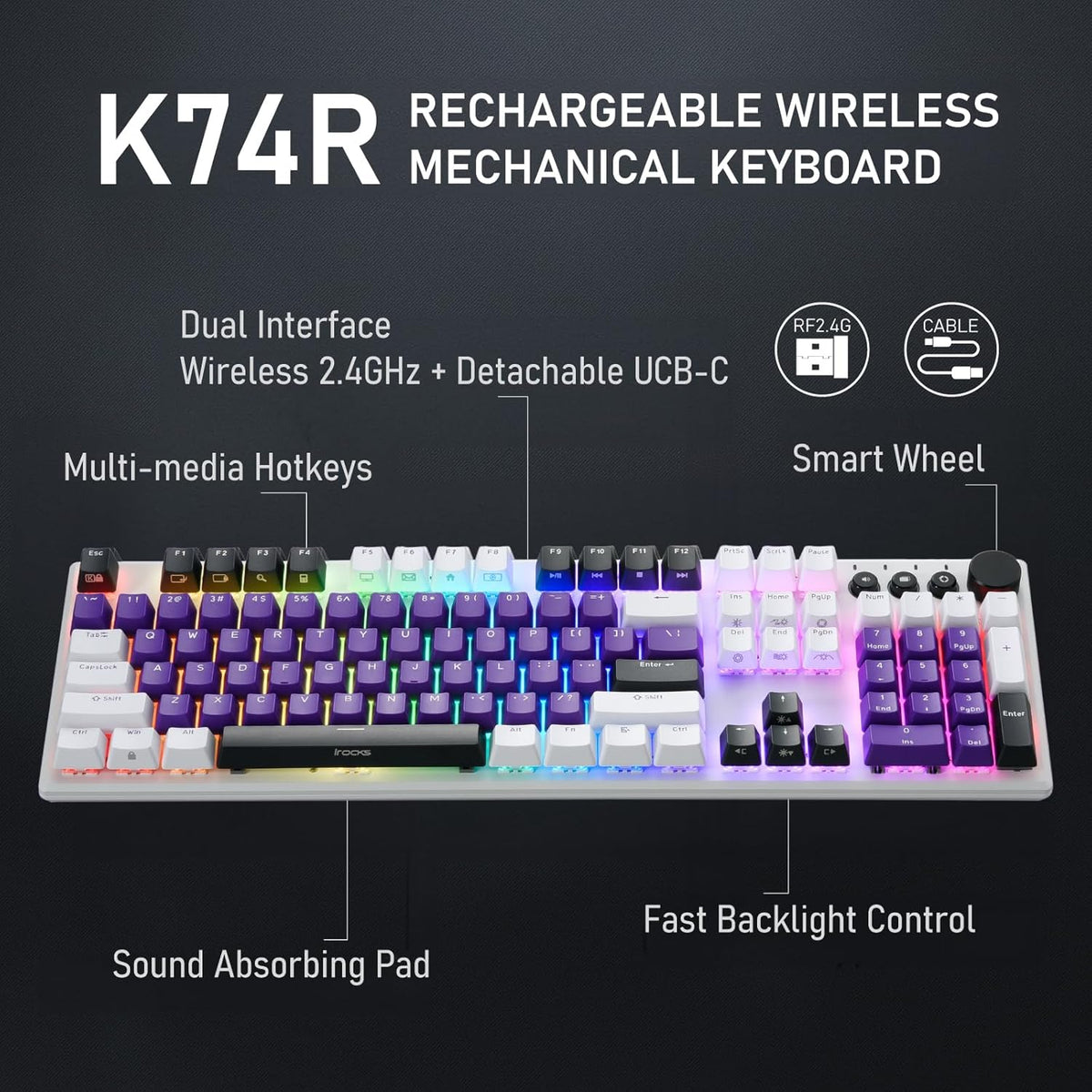 iRocks K74R Wireless RGB Illuminated Mechanical Gaming Keyboard, Hot-Swappable Switches, Floating Design, PBT 107 Keys NKRO, Detachable USB-C Cable - White Amethyst (Brown Switches)