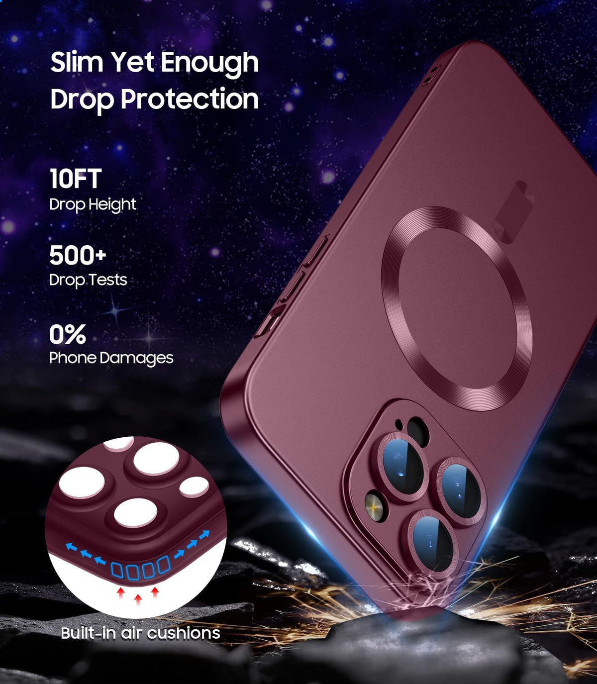Magnetic for iPhone 16 Pro Max Case [Compatible with MagSafe][Built-in Camera Lens Protector] Slim Soft Silicone Bumper Shockproof Metallic Luster Phone Case (Burgundy)