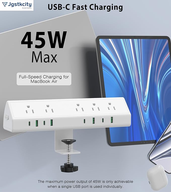 Jgstkcity Desk Clamp Power Strip USB C 45W,8 USB,15FT Cable,White