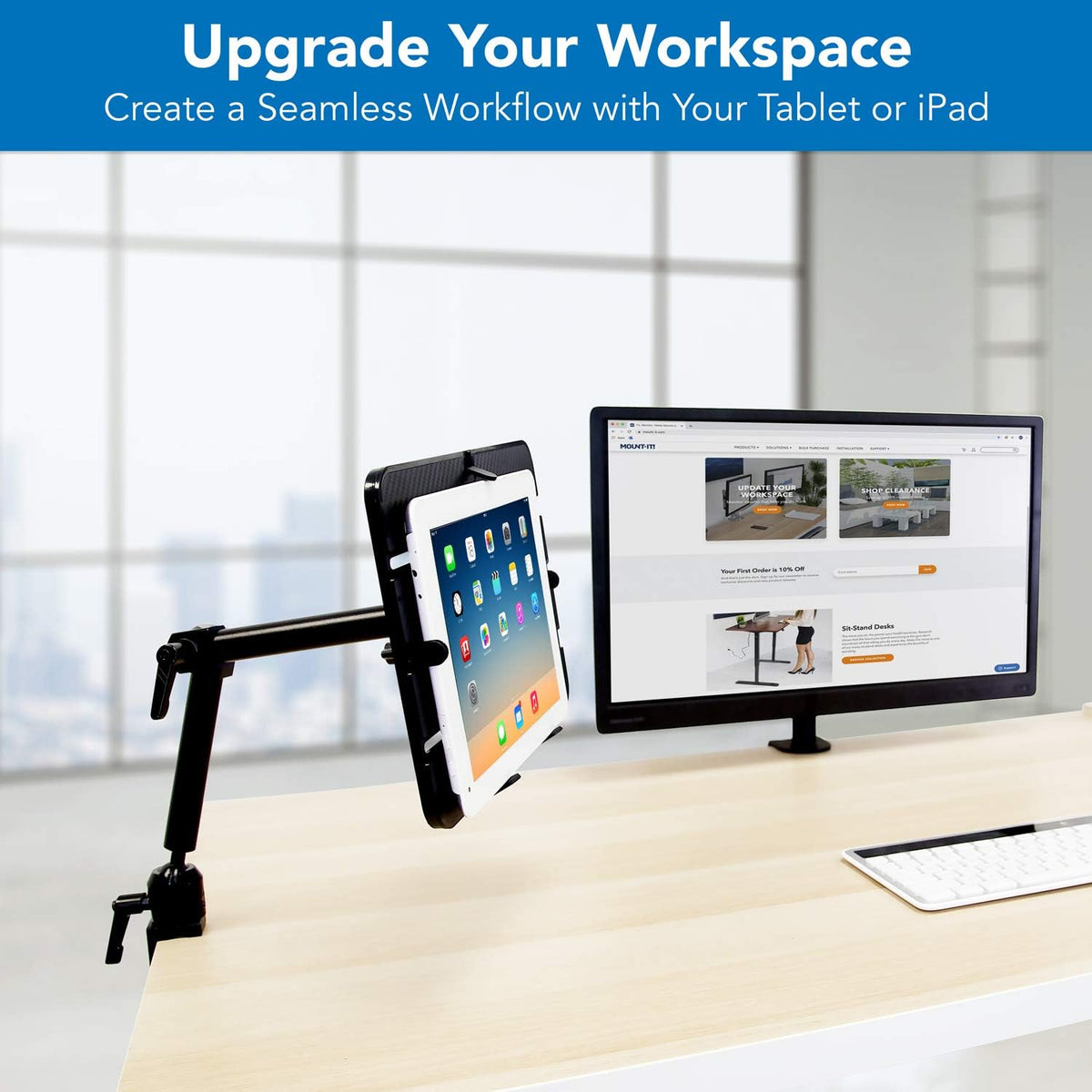 Mount-It! Tablet Pole Mount | Universal Full Motion Holder for iPad, Phone or Tablet | C-Clamp Base | Fits 6-14 Inch Screens