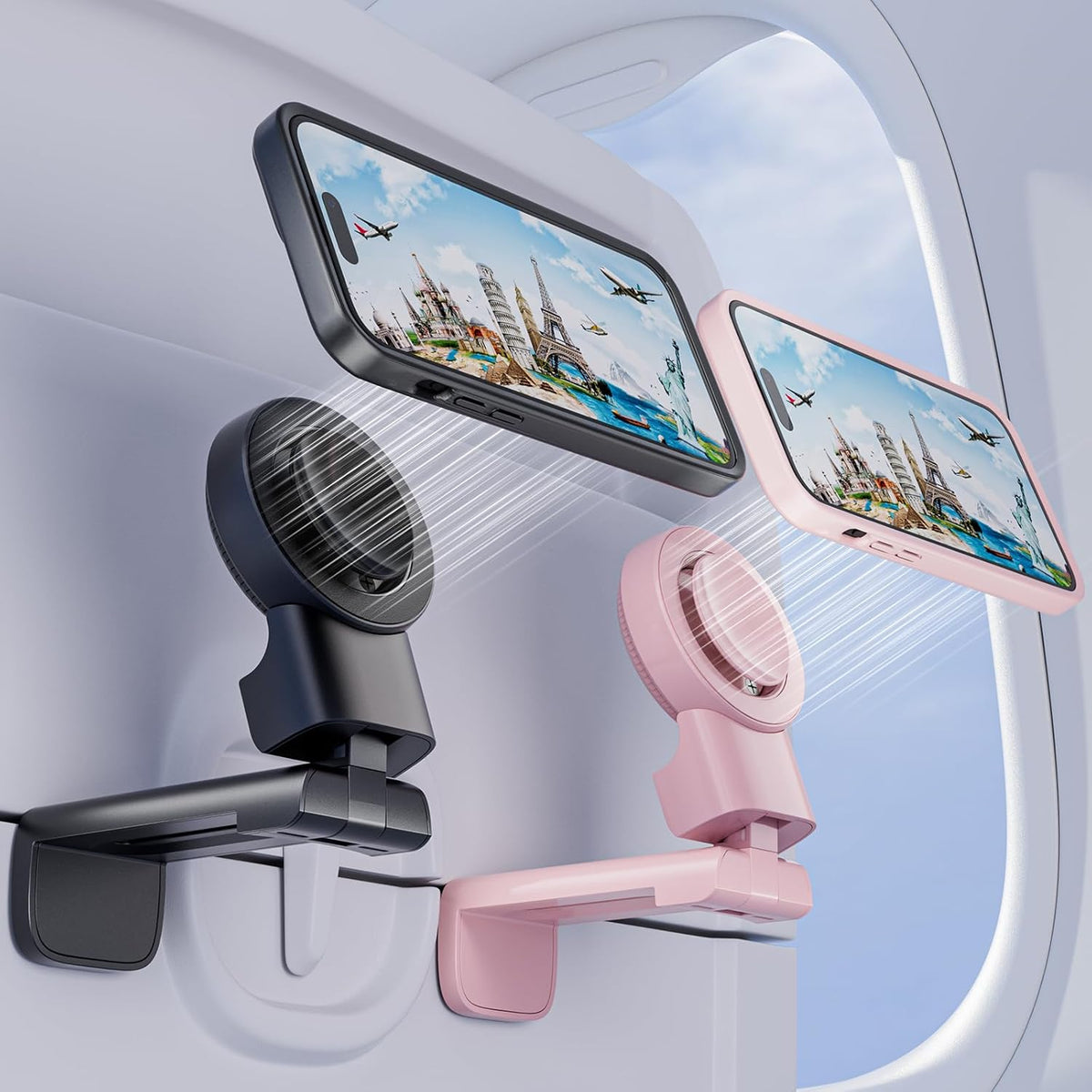 MiiKARE Travel Essentials Magnetic Airplane Phone Holder, Universal Handsfree Phone Mount for Flying with 360 Degree Rotation, Travel Must Haves Phone Stand for Desk, Tray Table, Black&Pink