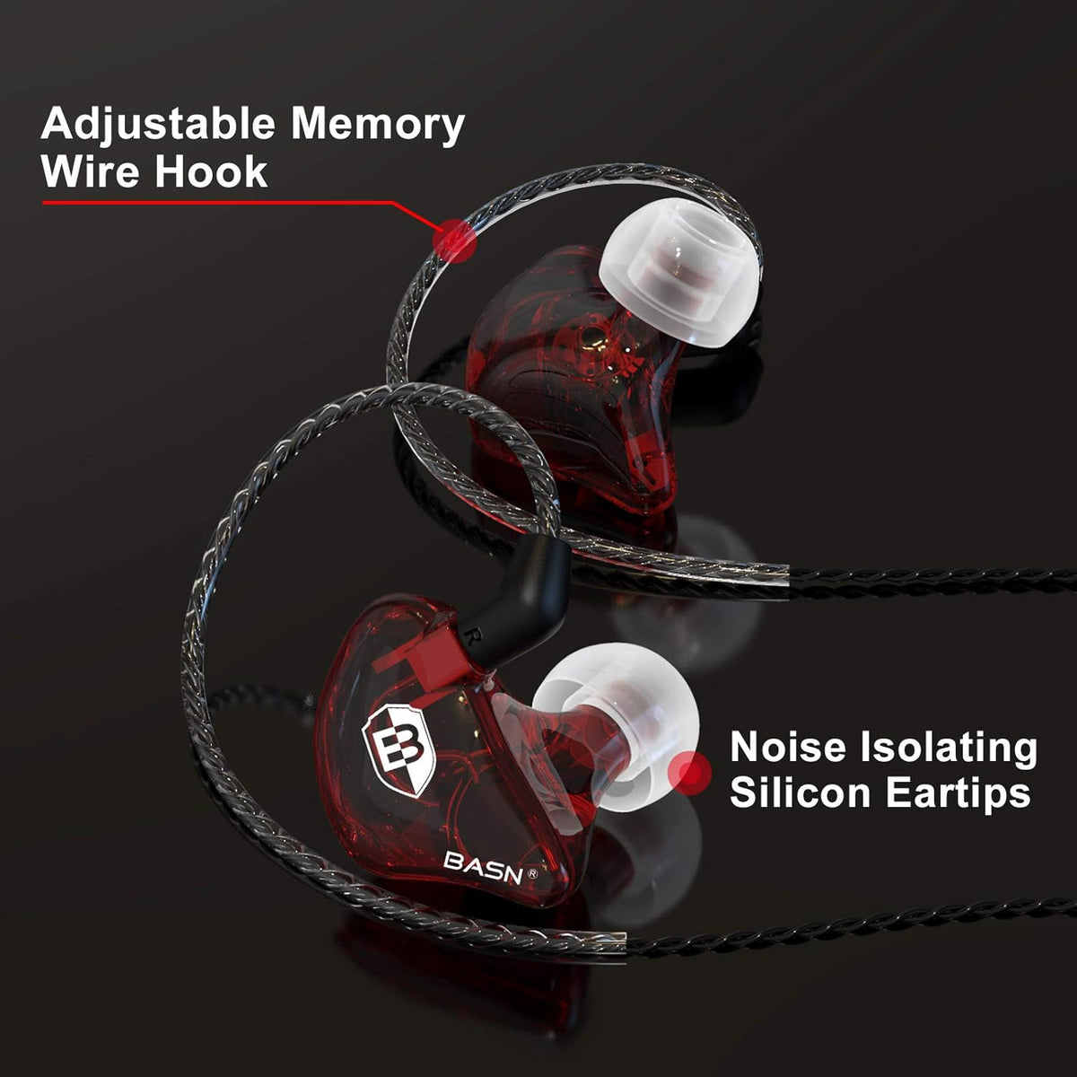 BASN Bsinger PRO in-Ear Monitors Hybrid Dynamic Dual Drivers Two Detachable MMCX Cables Musicians in-Ear Earbuds Headphones (Red)