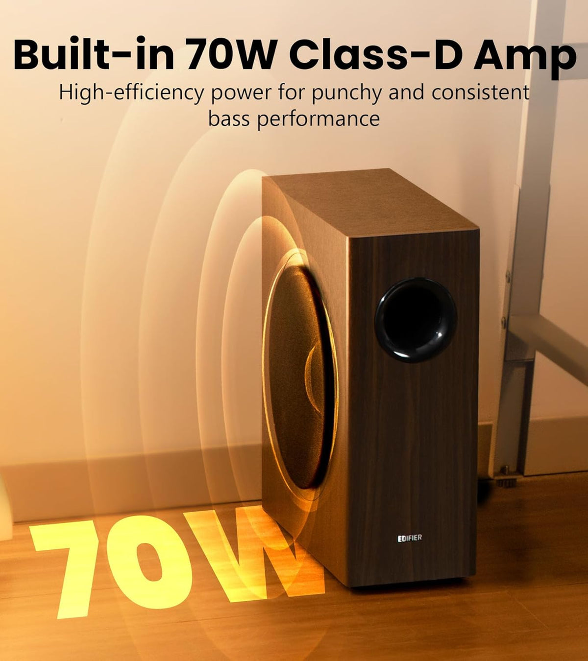 Edifier T5s Powered Active Subwoofer with 70W RMS, 8" Long-Throw Woofer, Deep Bass (35Hz) Speaker, Built-in Amp, Low Distortion, Phase Selector & Energy-Efficient for Home & Studio Audio, Brown