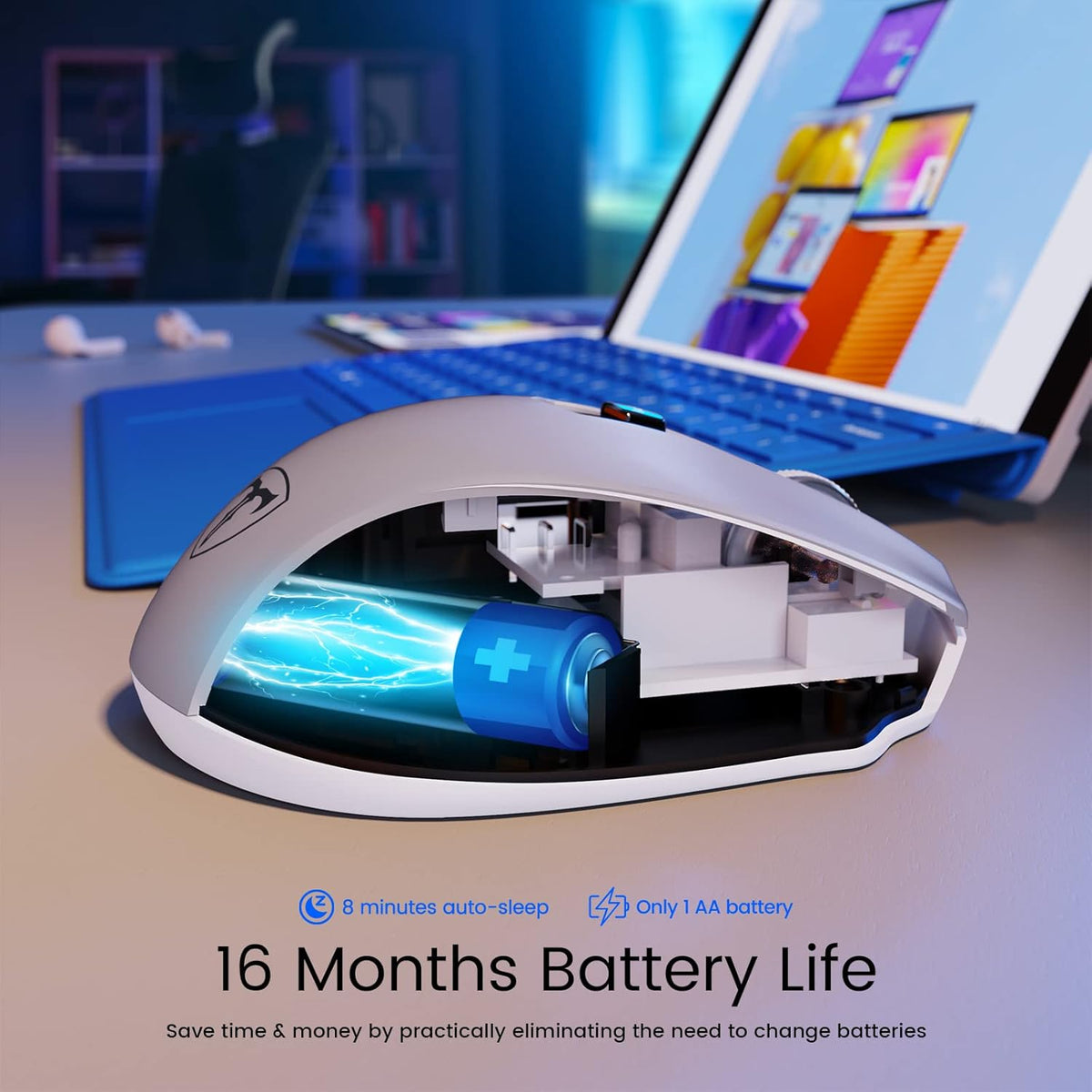 D-09 Wireless Mouse for Laptop - Ergonomic Plus Computer USB Cordless Mice, Ergo Grips, Lightspeed 5-Level 2400 DPI, 16 Months Battery Life, Portable for PC Mac Chromebook, 6 Button, Mithril