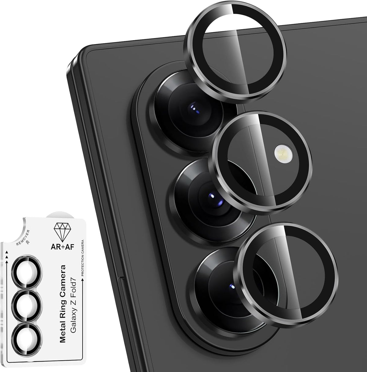 for Samsung Galaxy Z Fold 7 Camera Lens Protector, Individual Metal Ring Tempered Glass Lens Cover, [Strong Adsorption] Scratch Resistant Ultra-Thin HD Clear Lens Cover, 1 Set-Black Ring