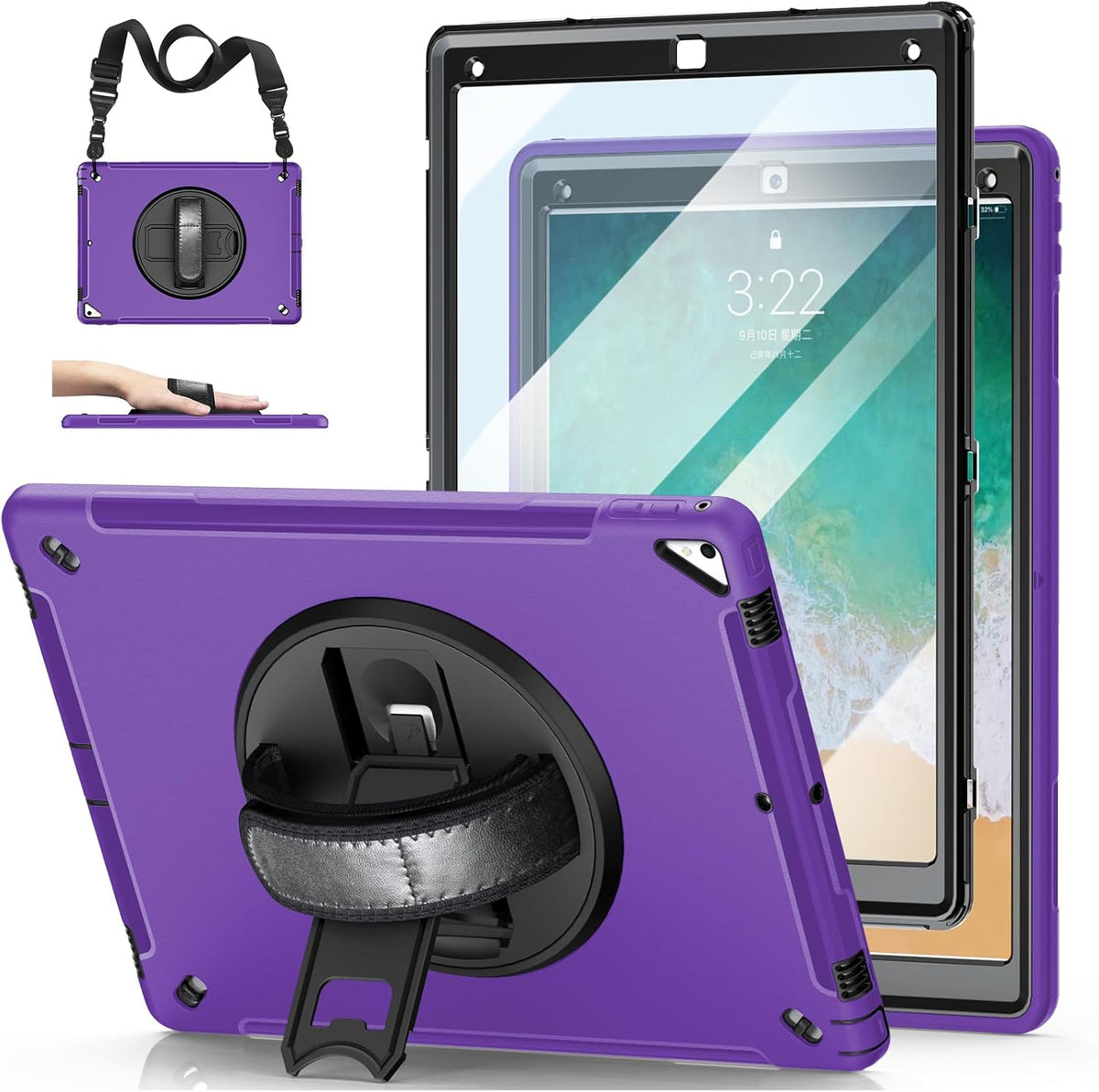 Case for iPad Pro 12.9 2nd Generation 2017 & 2015 1st Generation, Heavy Duty Rugged Shockproof Protective Cover w/ 360° Rotatable Stand + Handle Hand & Shoulder Strap + Pencil Holder-Purple