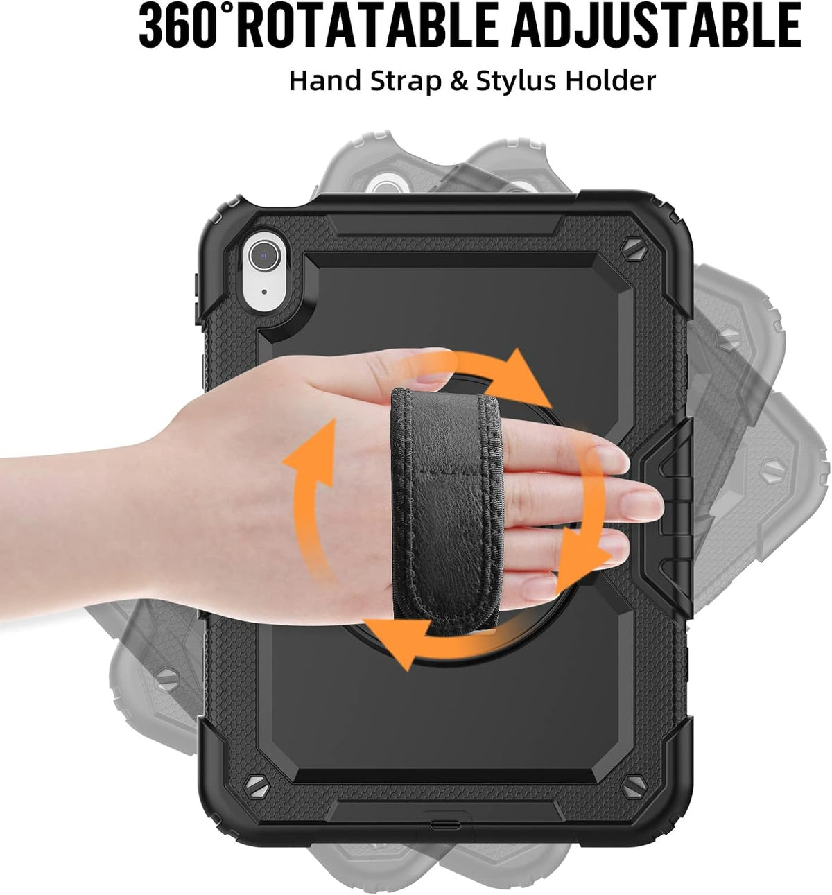 BLOSOMEET Case for iPad A16 11th/10th Generation 11''/10.9'' 2025/2022 with Tempered Glass Screen Protector & Pencil Holder, Rugged Military Grade Cover w/Stand Hand Shoulder Strap, Black
