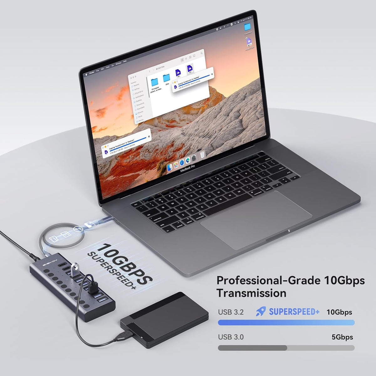 ACASIS 10 Ports 60W USB C 3.2 Hub, 10Gpbs Data Transfer, 20V/3A Power Adapter, Individual On/Off Switches, Aluminum Housing, USB Splitter for PC, Computer, Laptop, Mobile HDD, Flash Drive