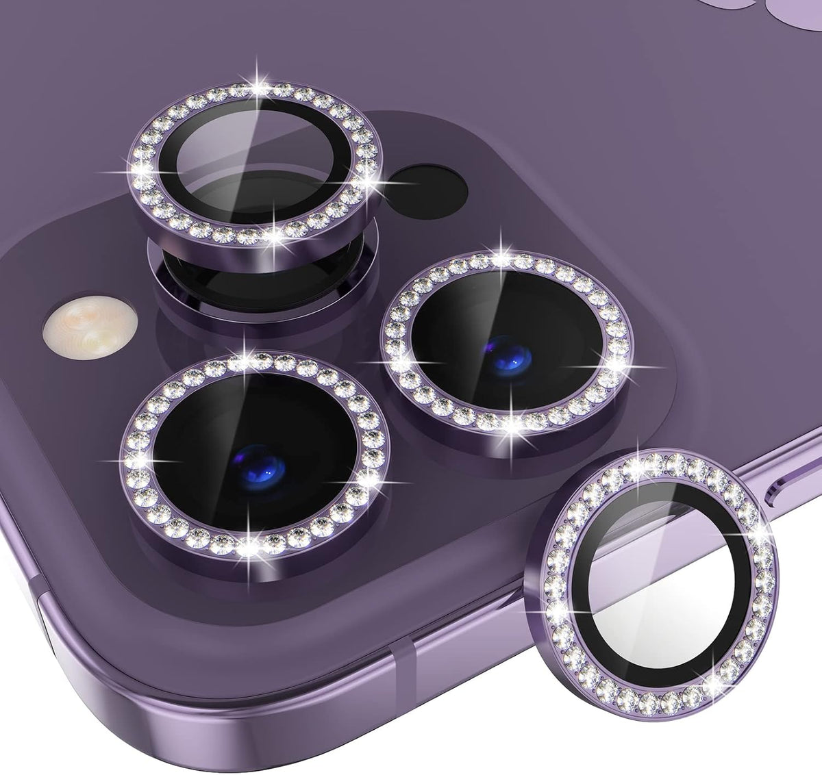 Choiche [3+1 for iPhone 14 Pro/iPhone 14 Pro Max Camera Lens Protector Bling, 9H Tempered Glass Camera Cover Screen Protector Metal Ring Decoration Accessories (Diamond-Purple)