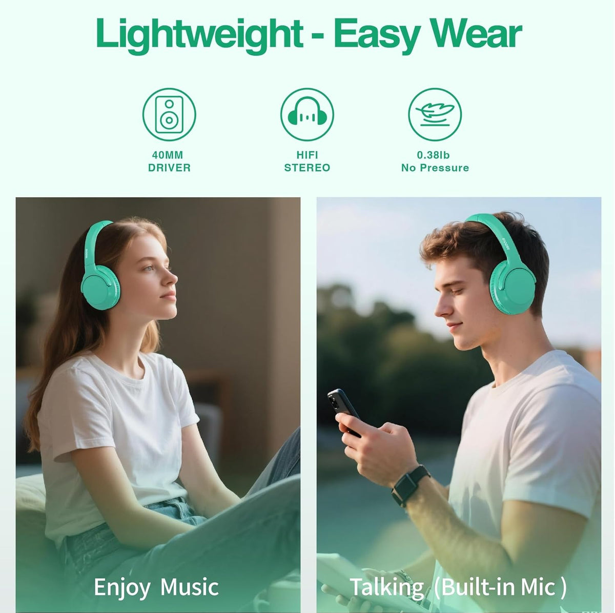 MIDOLA Bluetooth Headphones Over Ear 68H Playtime 6 EQ Wireless Headset with Microphone HiFi Stereo Foldable Lightweight Deep Bass for Travel Home Office Cellphone Cyan