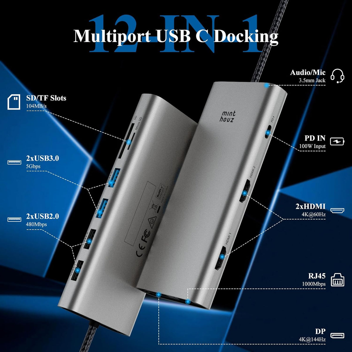 USB C Docking Station, Minthouz 12-in-1 Laptop Docking Station Dual Monitor with Dual 4k HDMI+8k DisplayPort+10Gbps, 3 USB A/C, 100W PD, Ethernet, SD/TF, Audio, USB C Hub for MacBook/Dell/HP/Surface