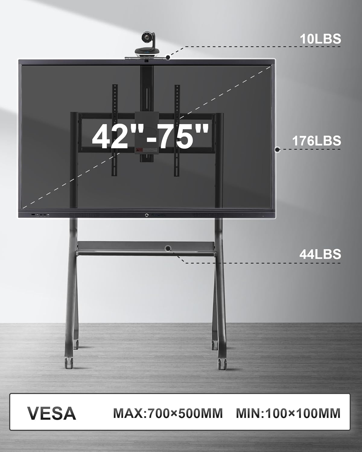Smart Board Stand with Camera Tray Fits 42"-75" Screens, Interactive Whiteboard Stand with 360° Rotating Wheels Holds 300LBS, Height Adjustable,Mobile Stand for Home, Office & Classroom