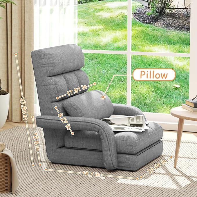 Floor Gaming Chair 6 Position Adjustable Indoor Chaise Lounge for Teens Adults Padded Folding Sofa with Armrests and Pillow Comfy Chair for Meditation Reading Light Grey