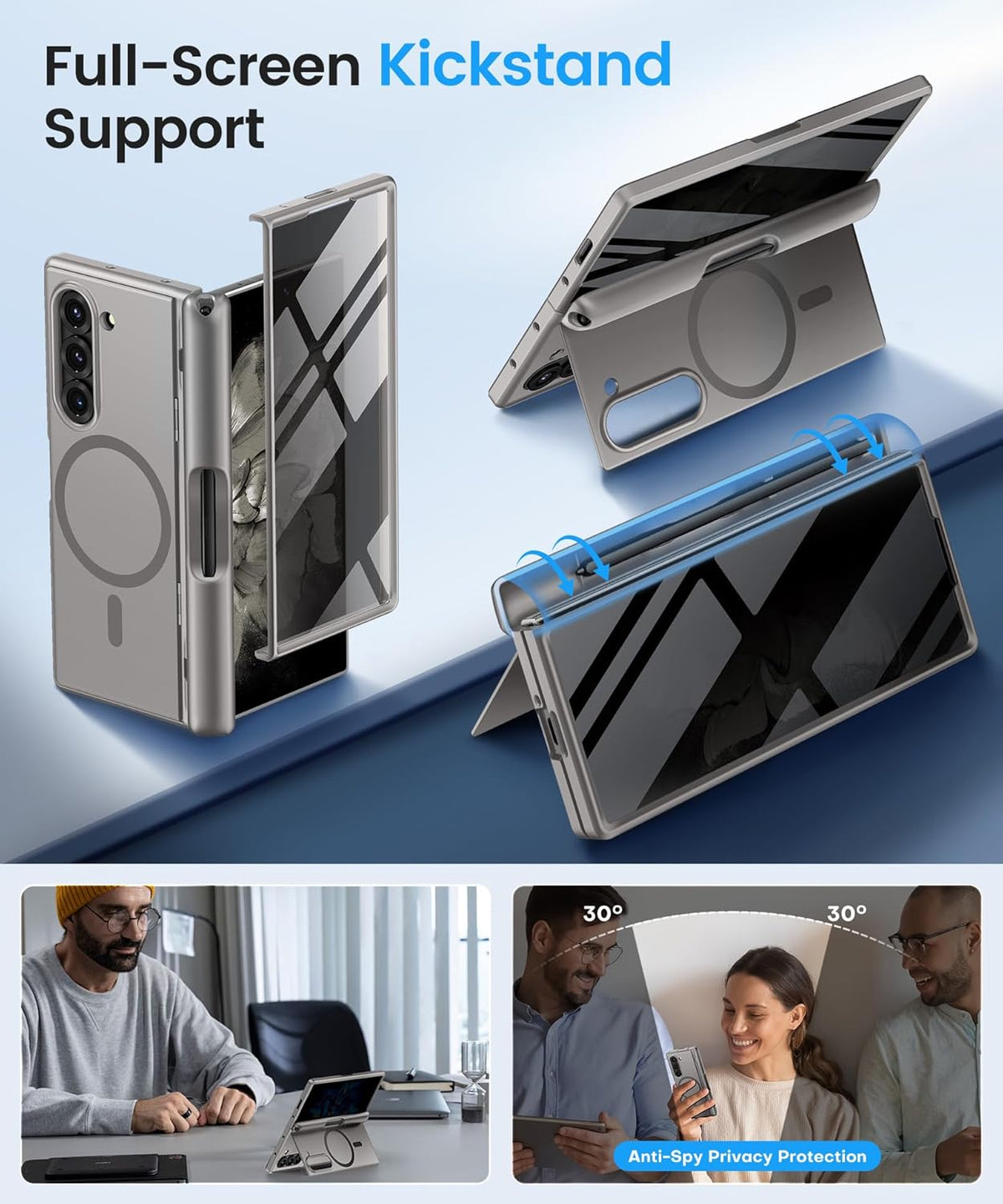 BERFY for Samsung Galaxy Z Fold 6 Phone Case Grey | Magnetic, with Privacy Screen Protector, Compatible with MagSafe, Anti Spy, Built-in S Pen Holder, Kickstand, Full-Body Shockproof, for Z Fold 6