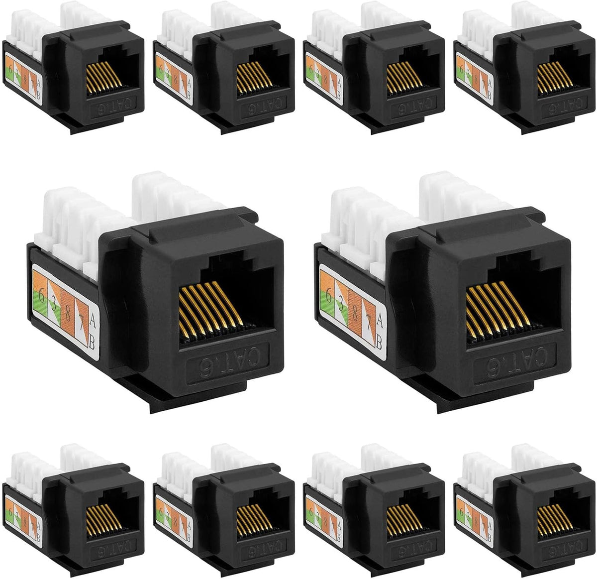 Cmple - 10 Pack Cat6 Keystone Jack Insert Punch Down RJ45 Connectors RJ45 90 Degree Female for Wall Plates, Patch Panels, Patch Cables, Ethernet Cables - Black