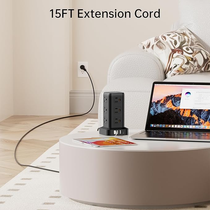 Extension Cord with Multiple Outlets, SMALLRT Power Strip Tower with USB Ports 12 AC Outlets, PD 20W USB C, 15FT Outlet Extender for Home Dorm, Office Supplies, Overload Protection