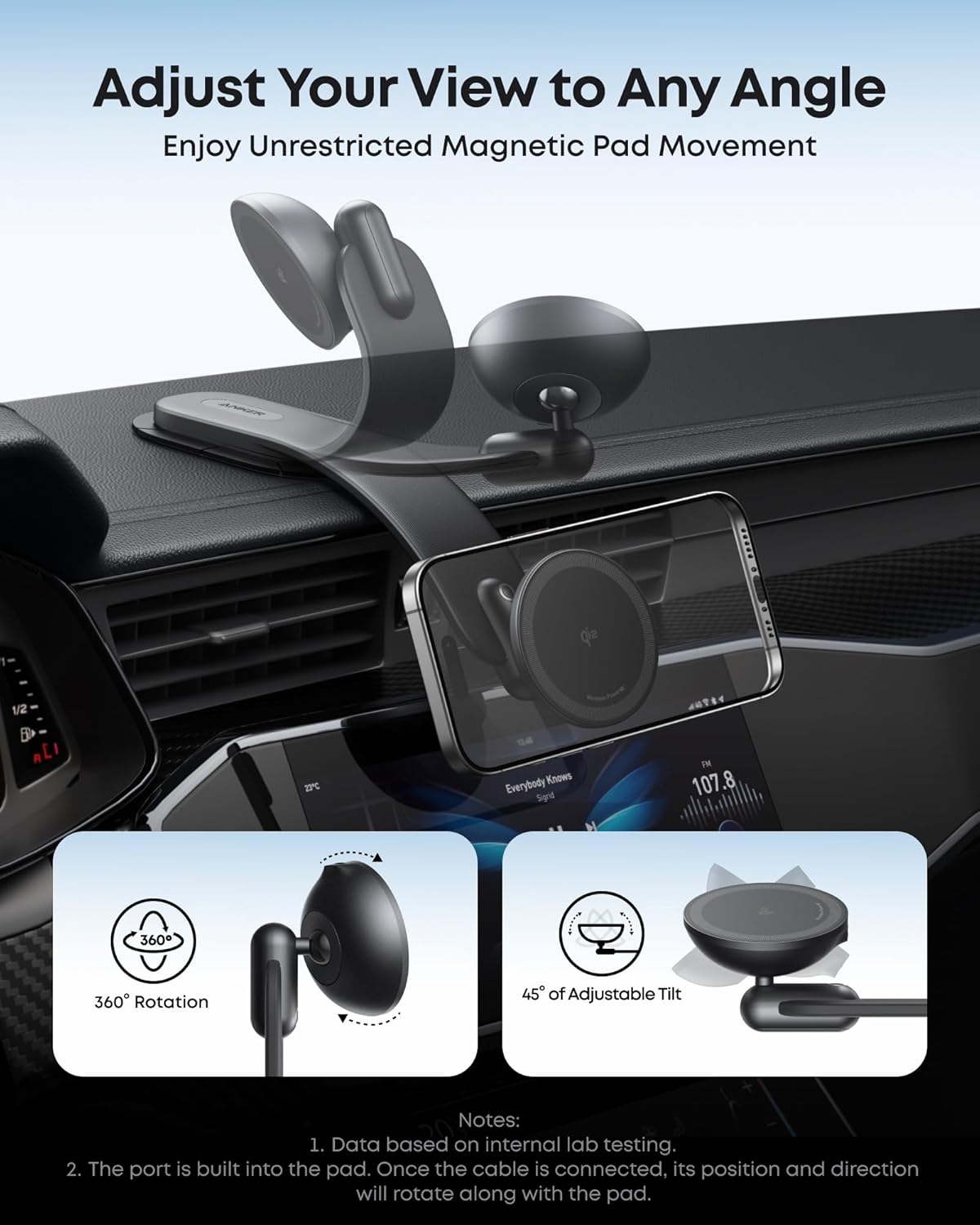 Anker Nano Magnetic Wireless Car Charger, 360° Adjustable Mount Car Charger with Detachable Pad, 15W Qi2 Certified with Alloy Bracket, Fast Charging for iPhone 16/15/14/13/12 Series (Adapter Included)