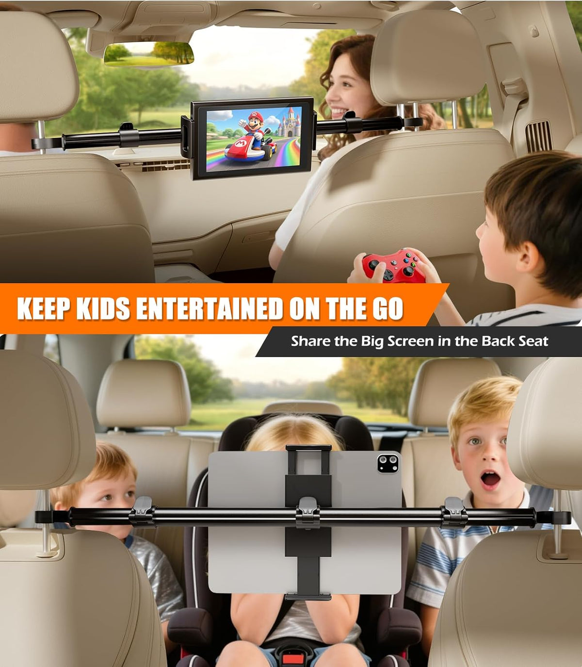Aaeiirey Stability][360 4.516.5" Car Headrest Tablet Holder [Dual-Clamp Adjustable] Back Seat iPad Mount for Kids Road