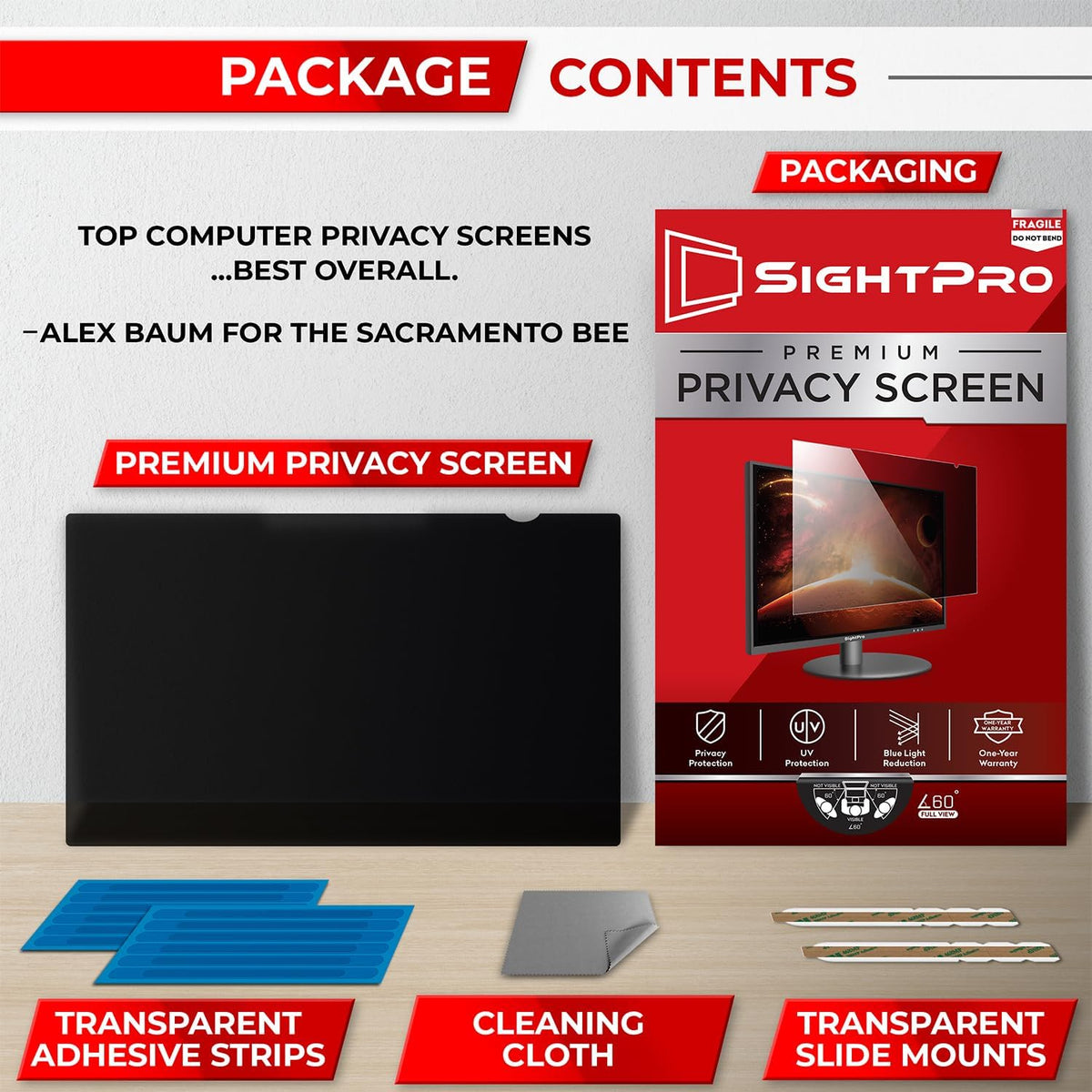 24 Inch 16:10 Computer Privacy Screen Filter for Monitor - Privacy Shield and Anti-Glare Protector